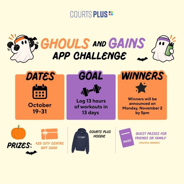 Courts Plus “Ghouls and Gains” app challenge ad with dates Oct 19–31, goal “Log 13 hours of workouts in 13 days,” winners announced Nov 2 by 5pm, and prizes including a $25 City Centre gift card and hoodie.