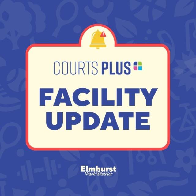 Graphic for Courts Plus facility update. Blue background with Elmhurst Park District logo at the bottom