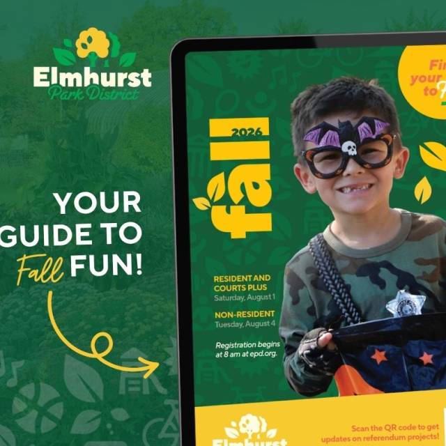 Elmhurst Park District Fall Brochure cover, which features a boy in bat-themed Halloween costume.